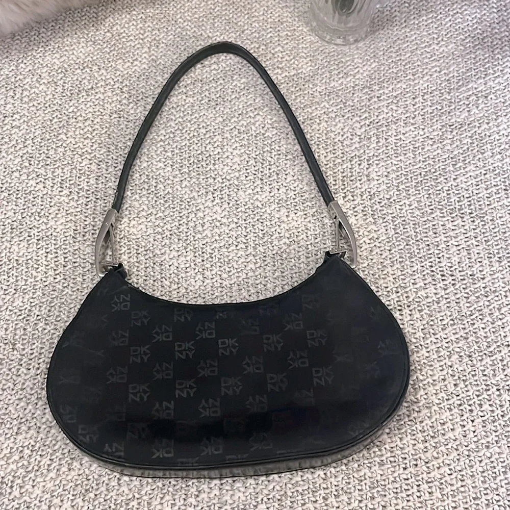 DKNY Womens Black Sleek Classy Luxury Nylon Signature Formal Shoulder Bag Purse